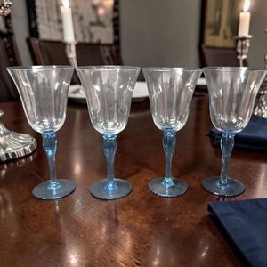 Block Hand Blown Blue Melody Goblets, Set of 4, Vintage Optic Stemware Glasses